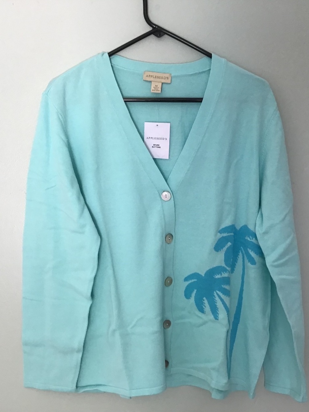 Appleseeds turquoise Sweater with Palm Trees Medium